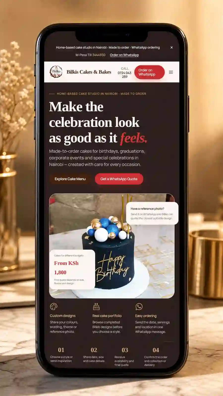 Bilkis Cakes and Bakes website displayed on a smartphone