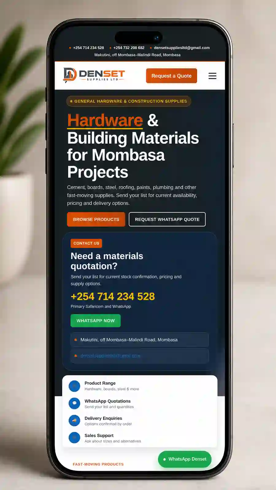 Denset Supplies website displayed on a smartphone