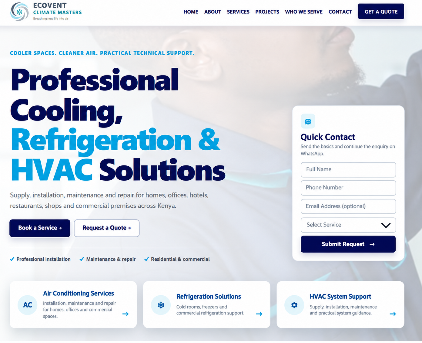 Ecovent Climate Masters homepage showing professional cooling, refrigeration and HVAC services in Kenya