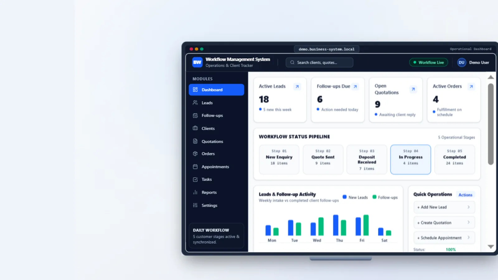Example custom business dashboard interface showing leads, follow-ups, quotations, orders and appointments