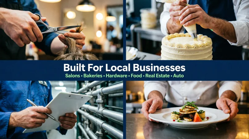 Professional website ideas for local businesses including salons bakeries hardware and food businesses