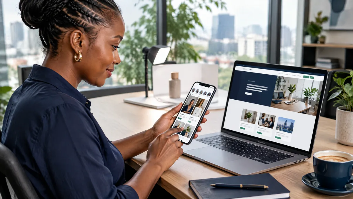 Illustrative Kenyan business professional reviewing website and social media content on connected devices