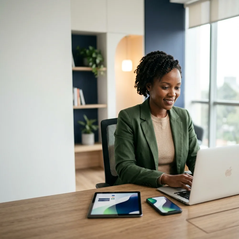 Kenyan business professional working on a laptop in a modern office