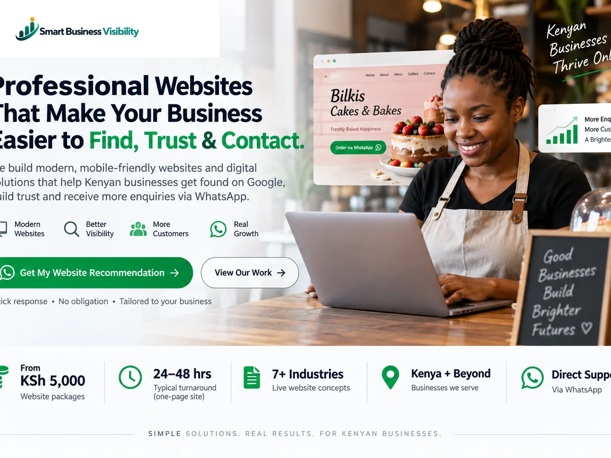 Smart Business Visibility website presentation showing a Kenyan business website and enquiry journey
